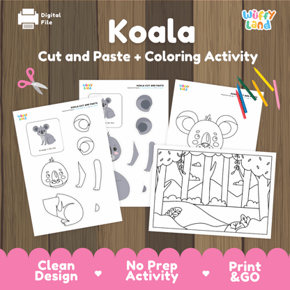 Koala Cut and Paste Craft and Coloring Activity Worksheets