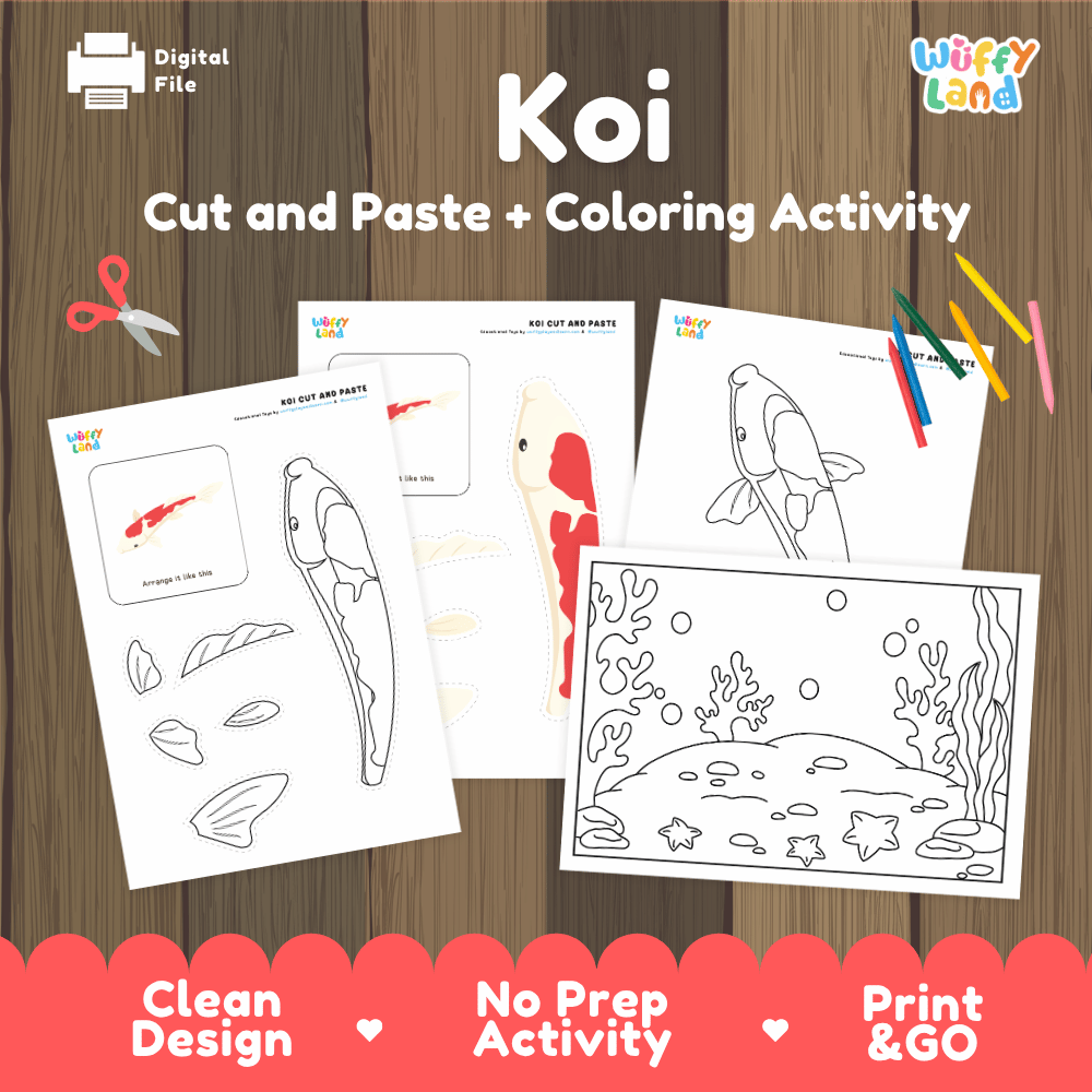 Koi Cut and Paste Craft and Coloring Activity Worksheets