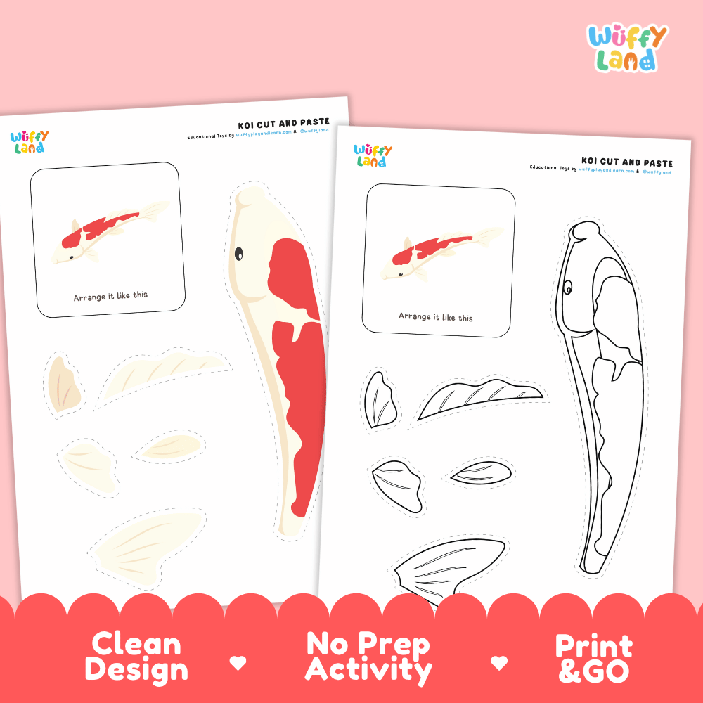Koi Cut and Paste Craft and Coloring Activity Worksheets