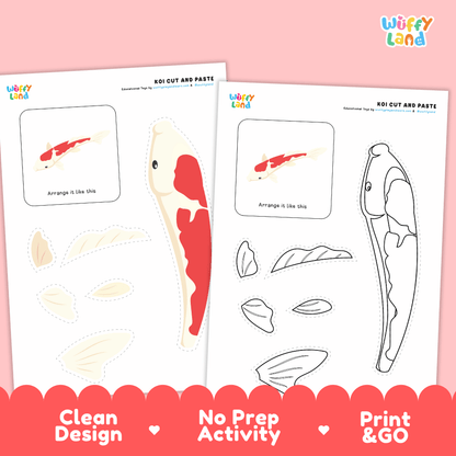 Koi Cut and Paste Craft and Coloring Activity Worksheets