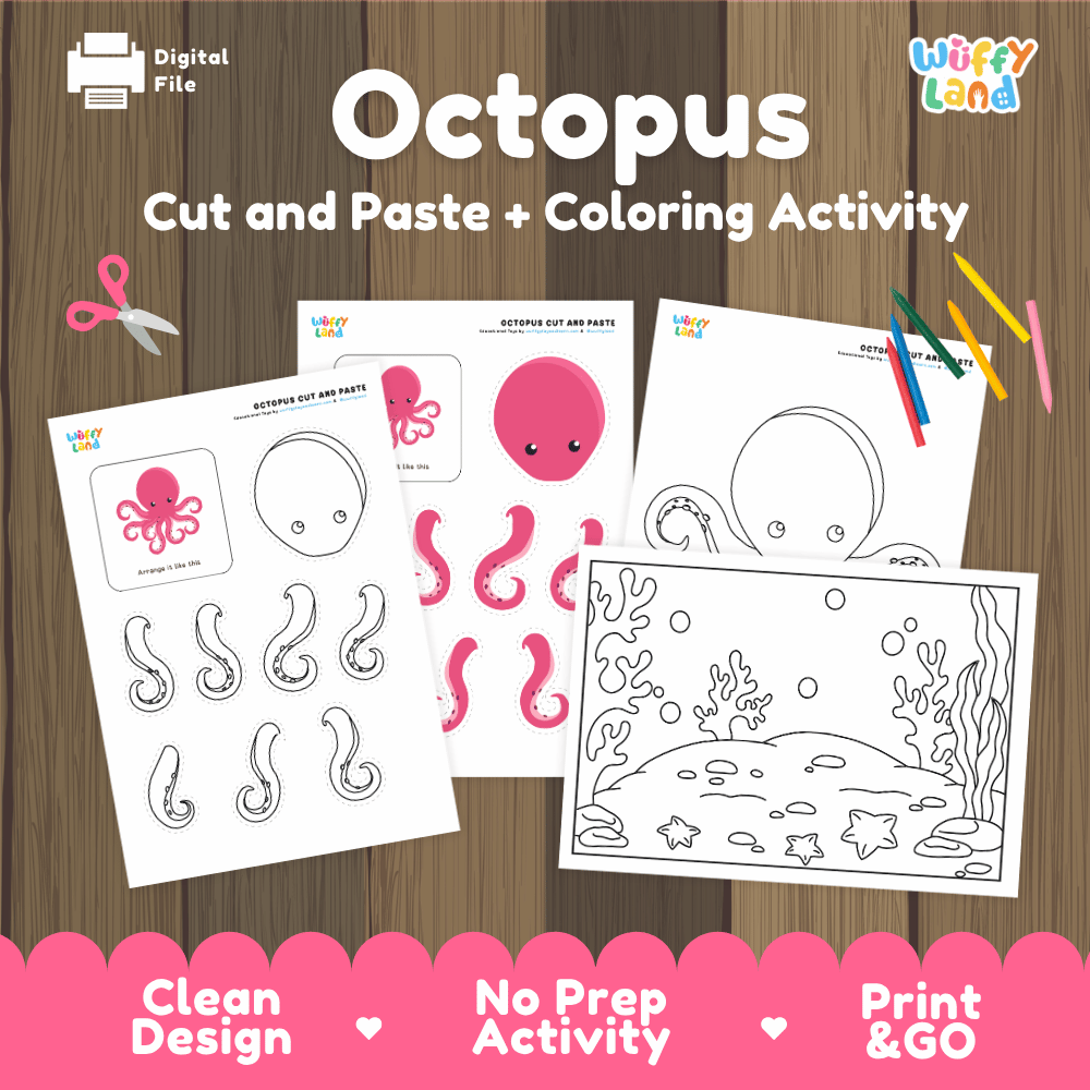 Octopus Cut and Paste Craft and Coloring Activity Worksheets