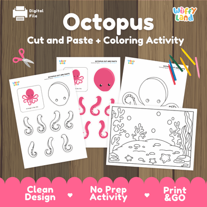 Octopus Cut and Paste Craft and Coloring Activity Worksheets