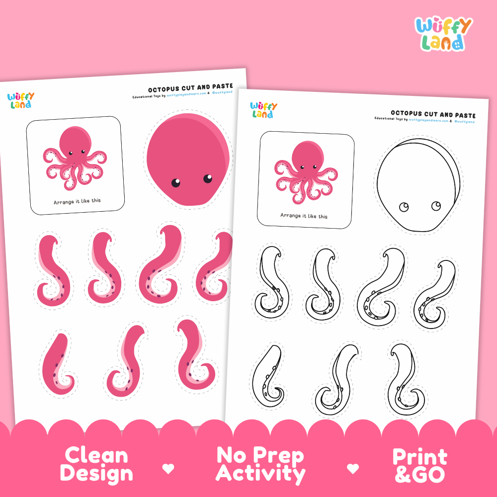 Octopus Cut and Paste Craft and Coloring Activity Worksheets