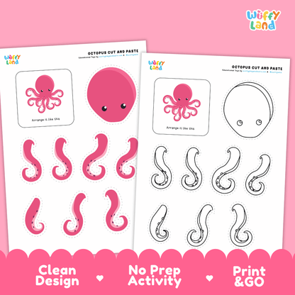 Octopus Cut and Paste Craft and Coloring Activity Worksheets