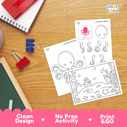 Octopus Cut and Paste Craft and Coloring Activity Worksheets