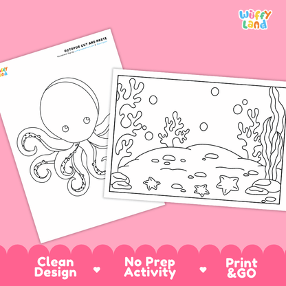 Octopus Cut and Paste Craft and Coloring Activity Worksheets