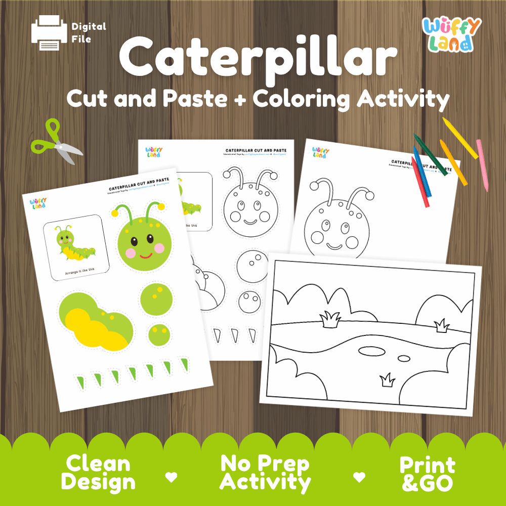 Caterpillar Cut and Paste Craft and Coloring Activity Worksheets