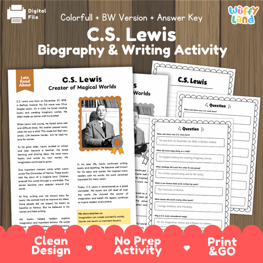 C.S. Lewis biography and reading comprehension worksheets pack featuring passage, writing activity, and answer key