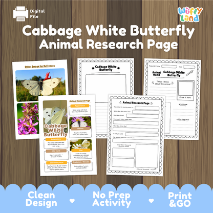 Digital file preview of a 'Cabbage White Butterfly Animal Research Page' activity sheet set on a wood background. The set includes a colorful reference poster, a blank name card, and two blank worksheet pages.