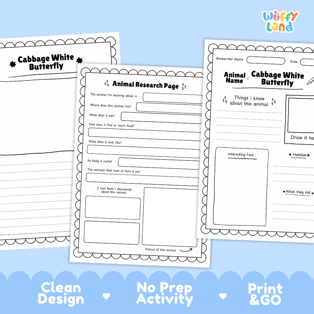 Three printable worksheet pages for a Cabbage White Butterfly animal research activity, shown on a light blue background with the text 'Clean Design', 'No Prep Activity', and 'Print & GO'. The worksheets are black and white with lined writing areas and a small photo placeholder.