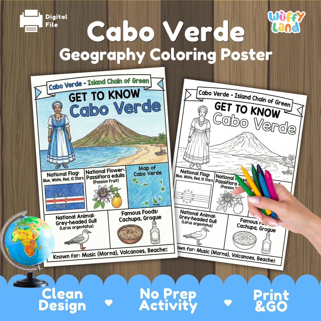 Get to know Cabo Verde coloring poster paired with photo flashcards of Cidade Velha, Pedra de Lume, Buracona Blue Eye, and Cachupa