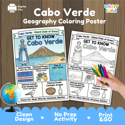 Get to know Cabo Verde coloring poster paired with photo flashcards of Cidade Velha, Pedra de Lume, Buracona Blue Eye, and Cachupa