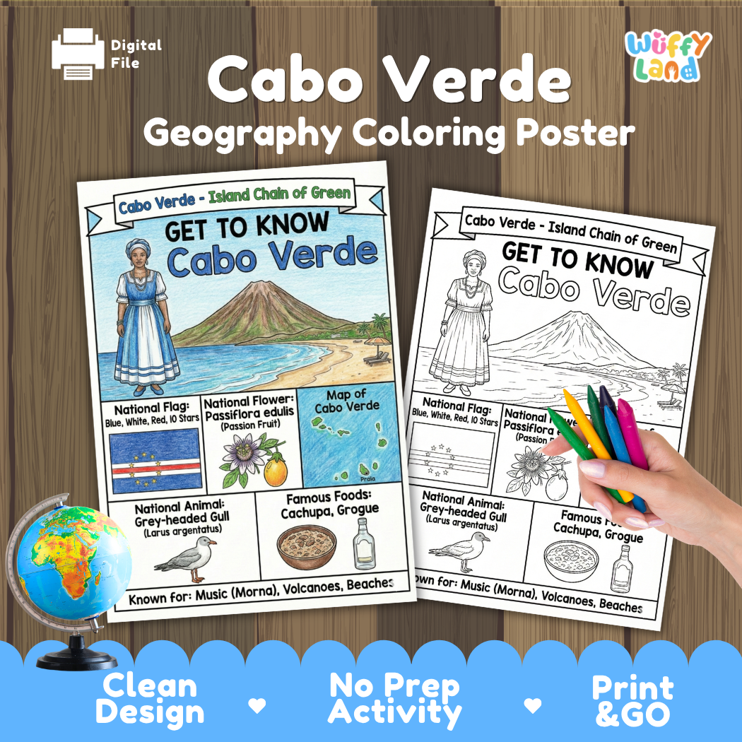 Student country research worksheet on Cabo Verde featuring national flag, Praia capital facts, climate, and geography map