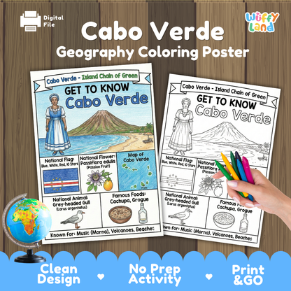 Student country research worksheet on Cabo Verde featuring national flag, Praia capital facts, climate, and geography map