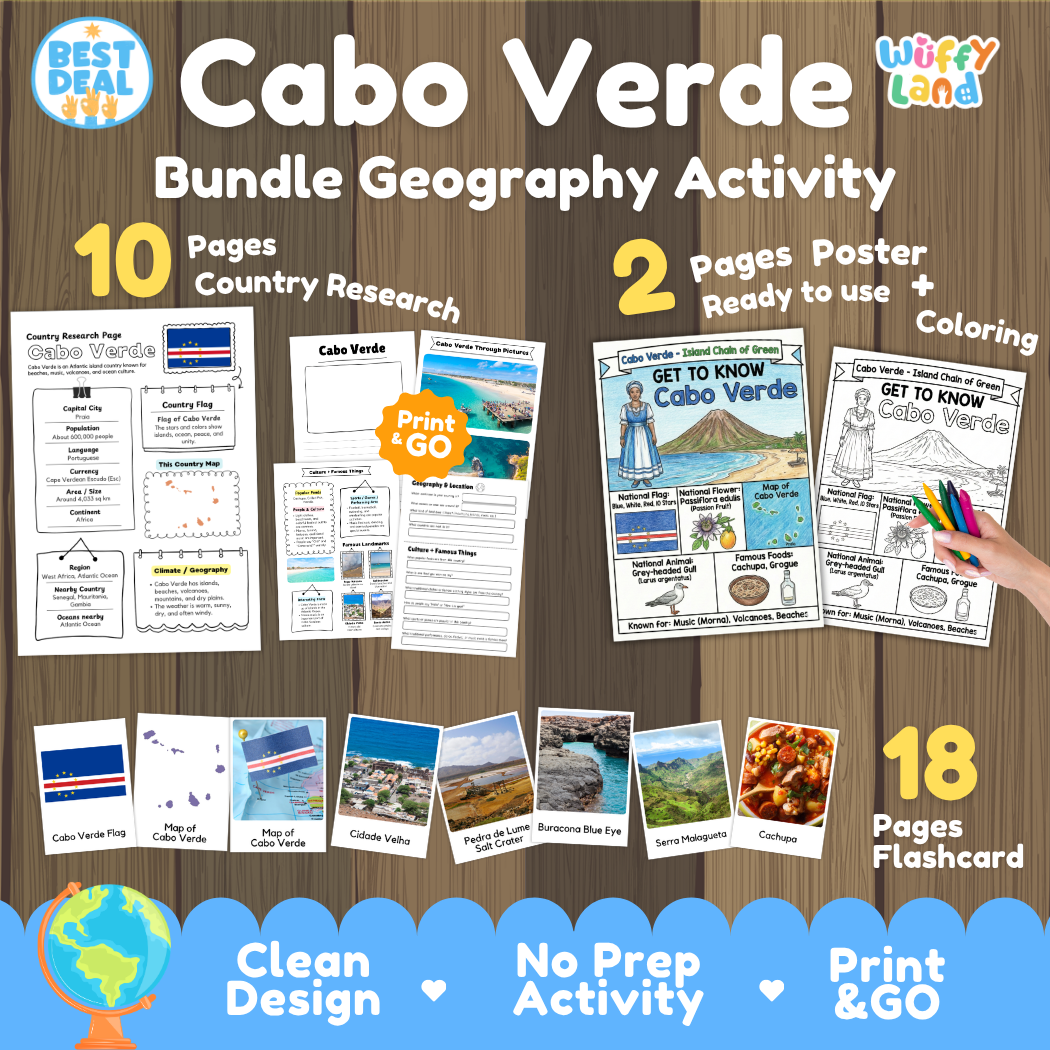 Cabo Verde geography activity bundle cover showing 10 country research pages, 2 ready to use coloring posters, and 18 photo flashcards