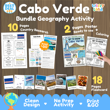 Cabo Verde geography activity bundle cover showing 10 country research pages, 2 ready to use coloring posters, and 18 photo flashcards