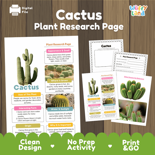 Student plant research page writing worksheets with real close up ribbed cactus stems and arid desert landscape photos, lined note-taking prompts, and drawing frames
