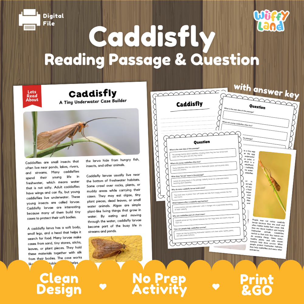 Digital reading passage and worksheet bundle titled 'Caddisfly Reading Passage & Question' shown on a wood background. The layout includes a printed passage page, several worksheet pages, an answer key page, and promotional text at the bottom.