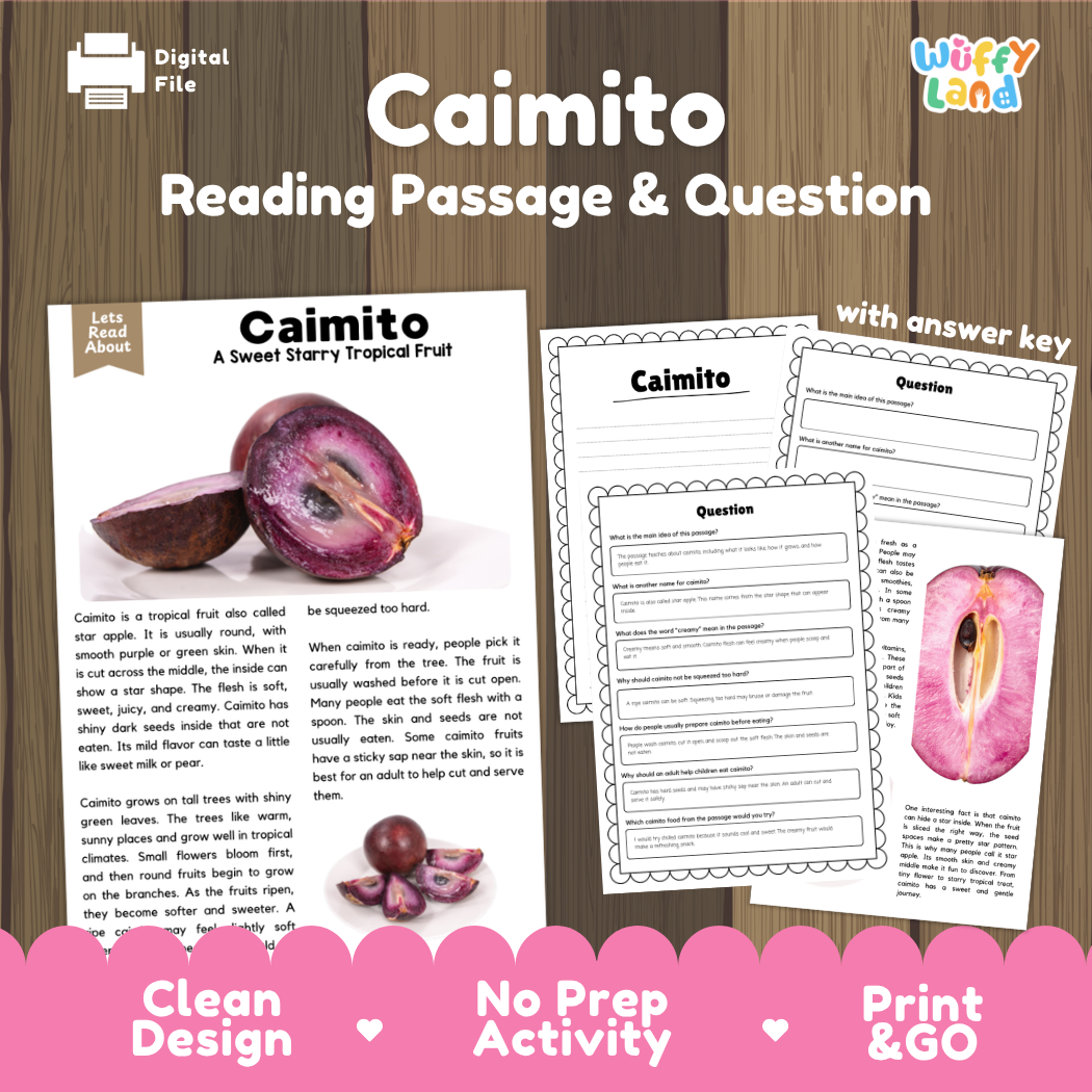 Caimito reading comprehension passage and questions printable activity pack with answer key for elementary students