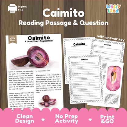 Caimito reading comprehension passage and questions printable activity pack with answer key for elementary students