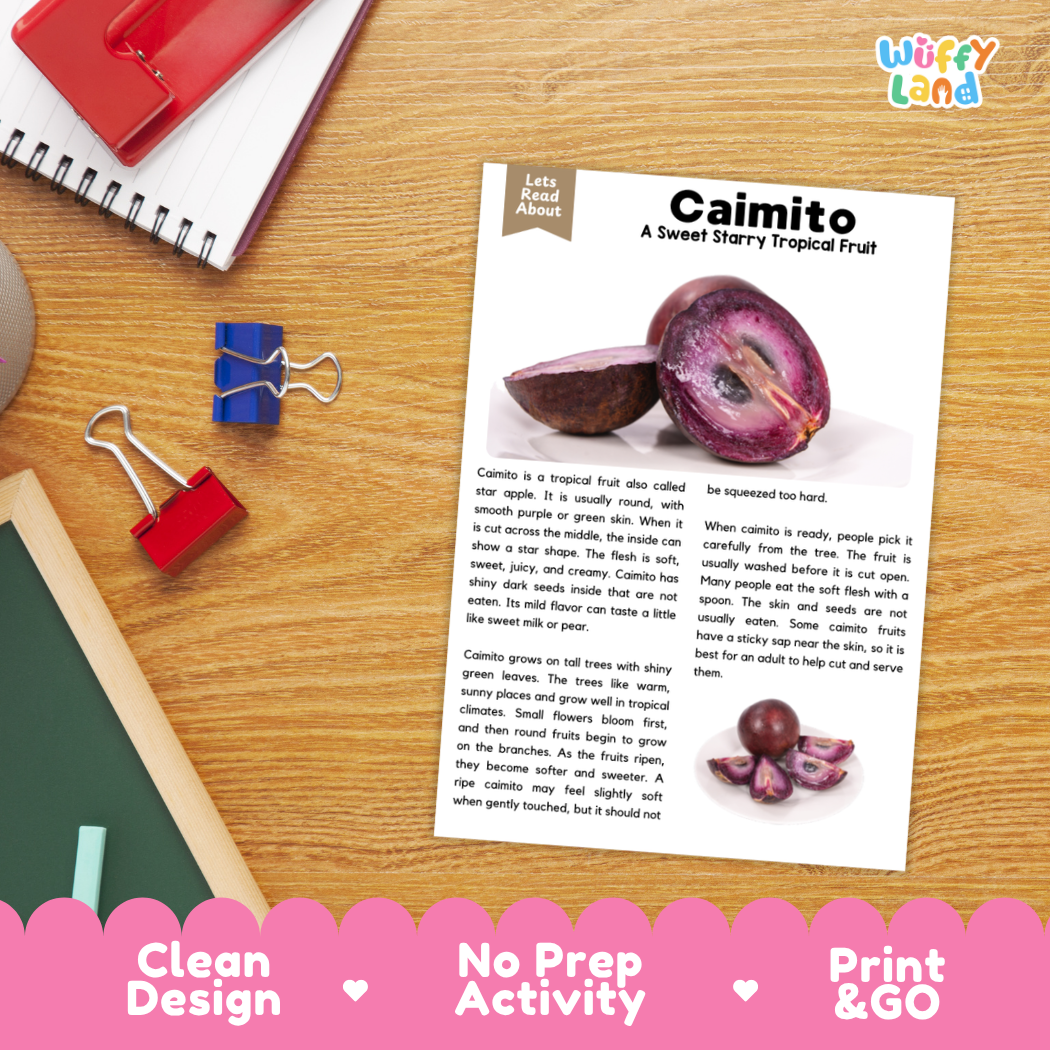 Student reading comprehension worksheet with short-answer questions and lined sections about the caimito fruit