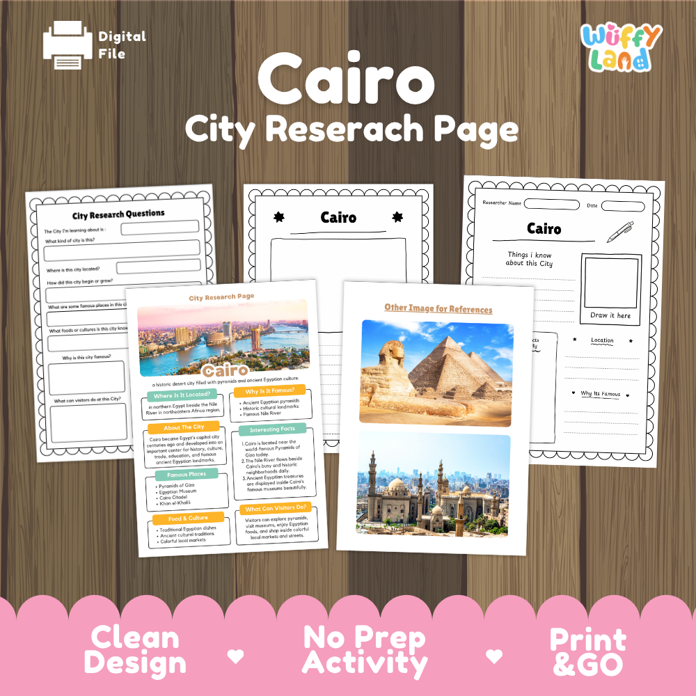 A digital preview of a Cairo city research page activity sheet set by Wiffy Land, displayed on a brown wood background with a pink banner at the bottom highlighting key features like clean design, no prep activity, and print & go.