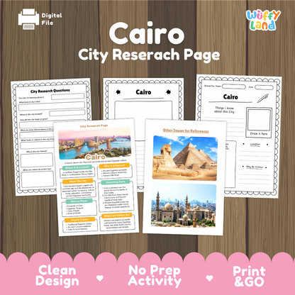 A digital preview of a Cairo city research page activity sheet set by Wiffy Land, displayed on a brown wood background with a pink banner at the bottom highlighting key features like clean design, no prep activity, and print & go.