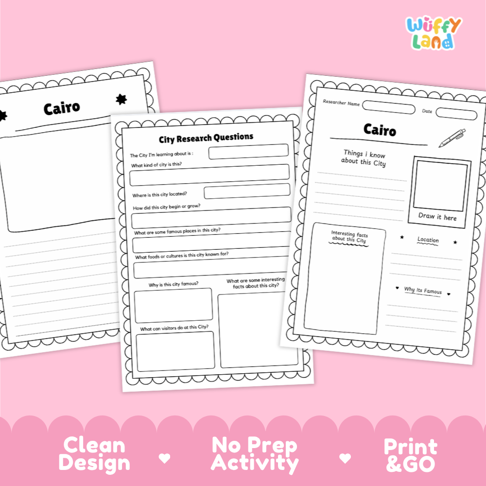 Three printable Cairo city research activity sheets arranged on a pink background with decorative scalloped borders and promotional text at the bottom reading 'Clean Design', 'No Prep Activity', and 'Print & GO'. The 'Wiffly Land' brand logo appears in the top right.