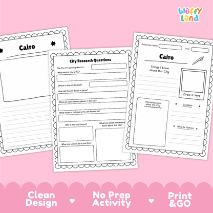 Three printable Cairo city research activity sheets arranged on a pink background with decorative scalloped borders and promotional text at the bottom reading 'Clean Design', 'No Prep Activity', and 'Print & GO'. The 'Wiffly Land' brand logo appears in the top right.
