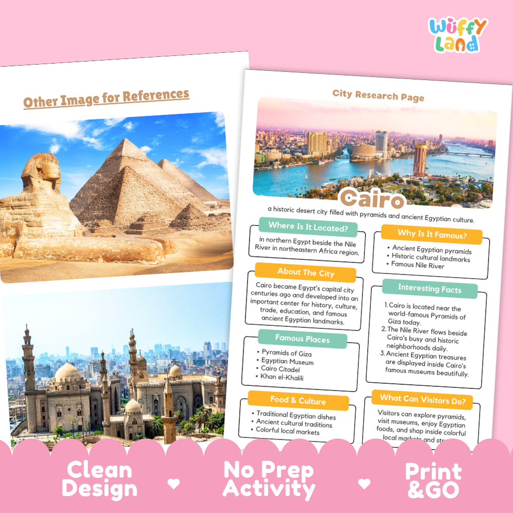 A travel activity card set for children featuring Egypt-themed educational pages. The set includes a card titled 'Other Image for References' showing the Great Pyramid of Giza, a 'City Research Page' about Cairo with colorful informational boxes, and a 'Cairo' page with photos of the city.