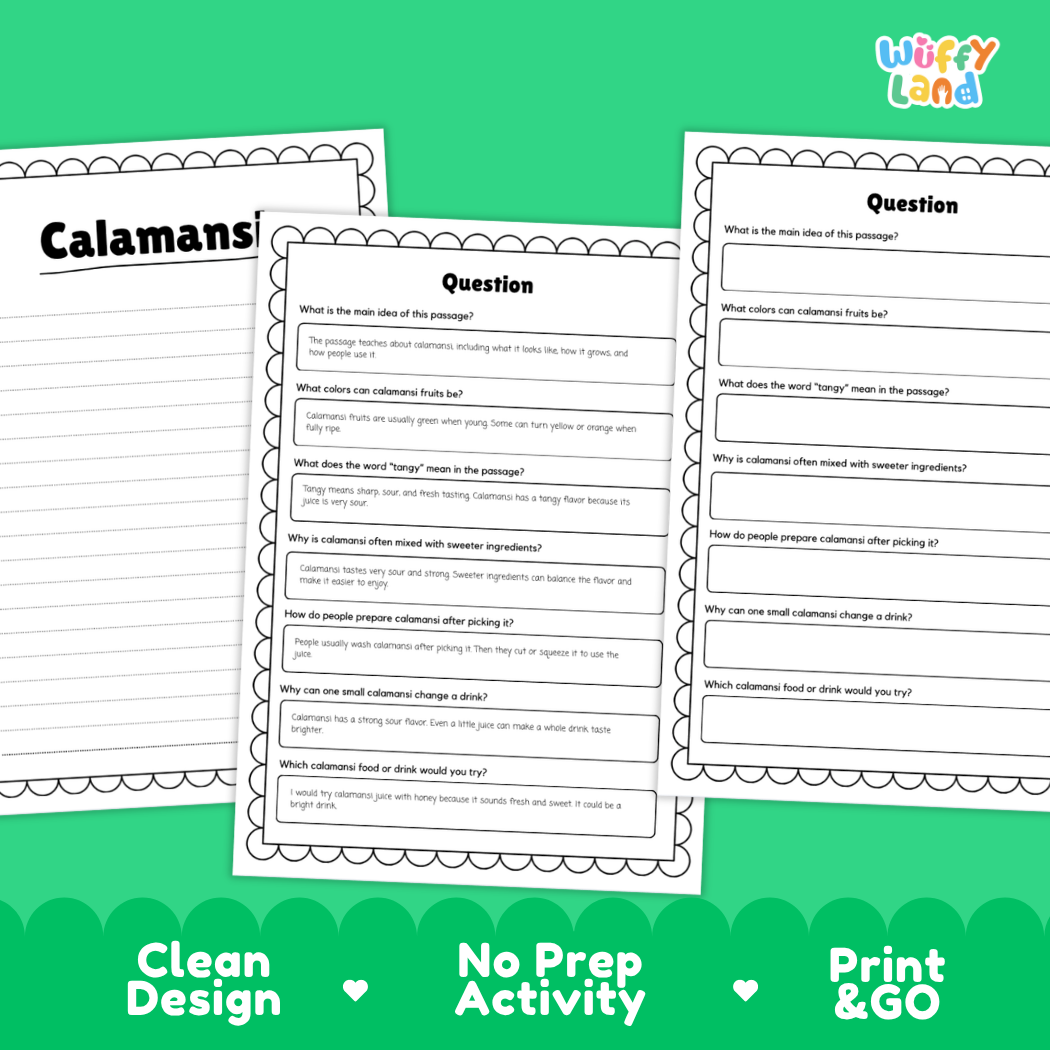 Informational reading passage page detailing calamansi fruit tree growth tropical climate harvesting and recipes with photos
