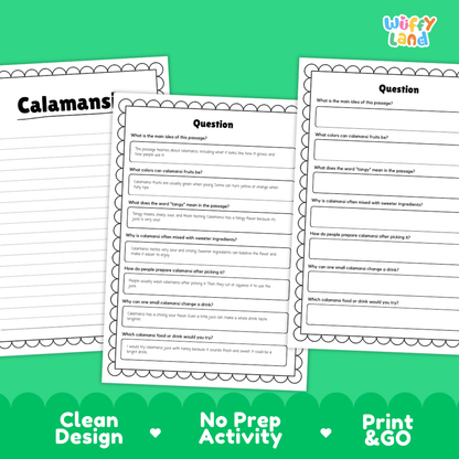 Informational reading passage page detailing calamansi fruit tree growth tropical climate harvesting and recipes with photos