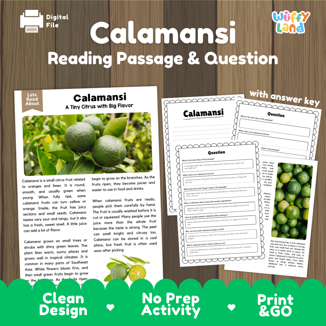 Calamansi reading comprehension passage and questions printable activity pack with answer key for elementary students