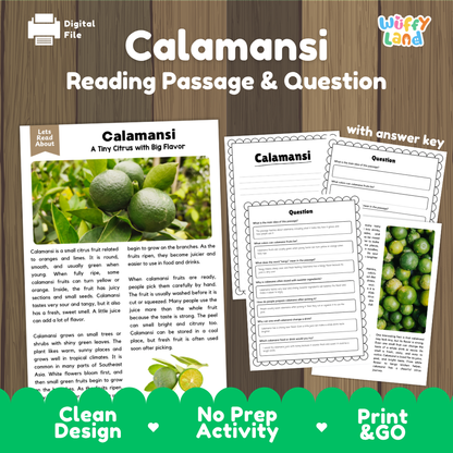 Calamansi reading comprehension passage and questions printable activity pack with answer key for elementary students