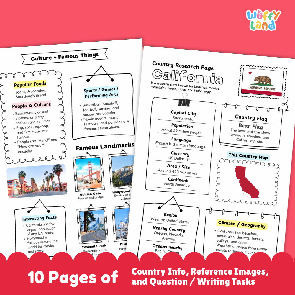 California Country Research Project Worksheets and Activity Pages