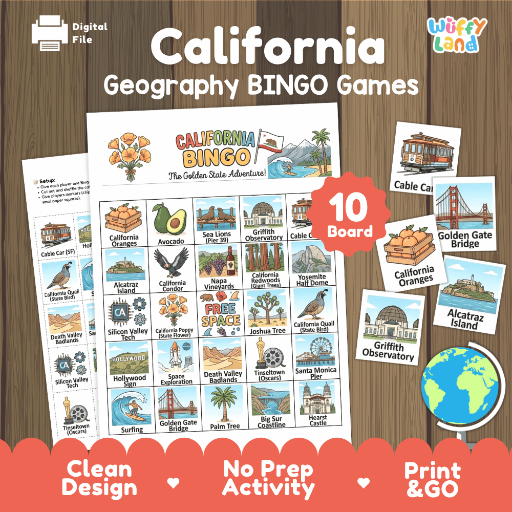 California Geography BINGO Game Golden State Activity Printable Boards