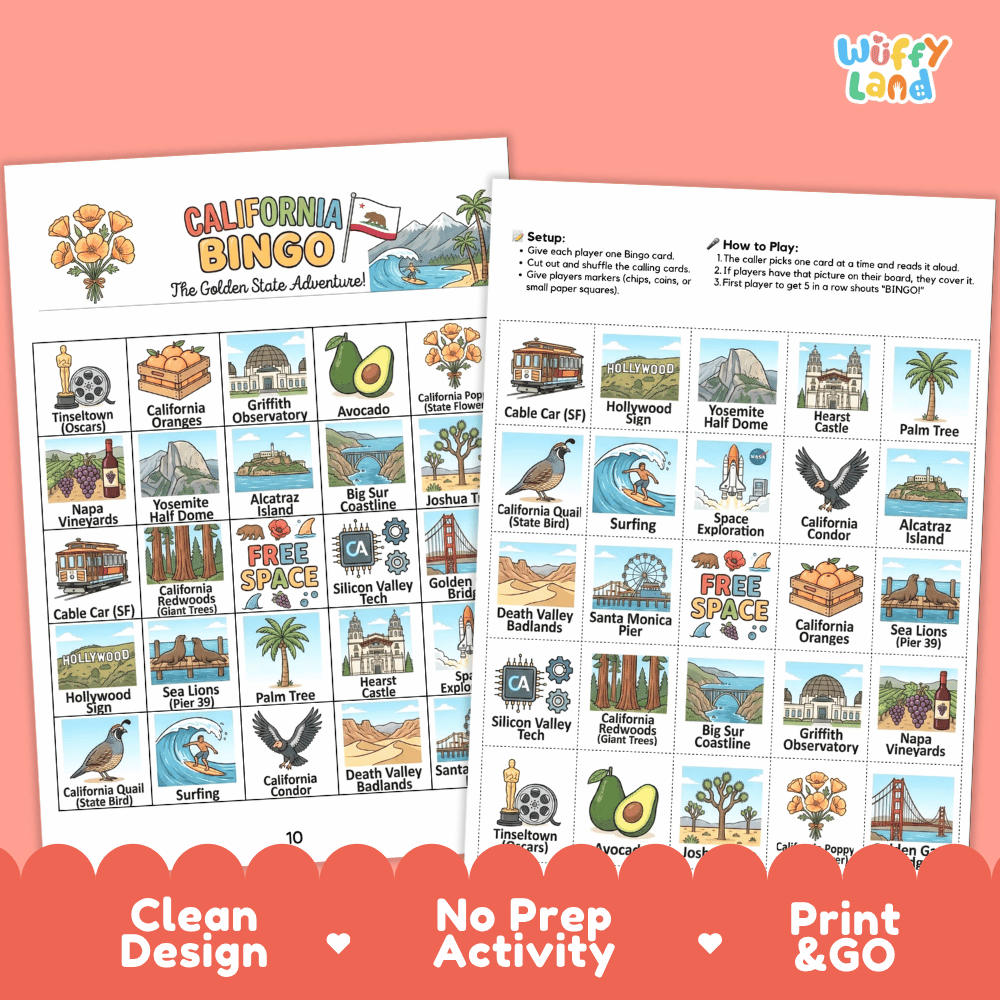 California Geography BINGO Game Golden State Activity Printable Boards