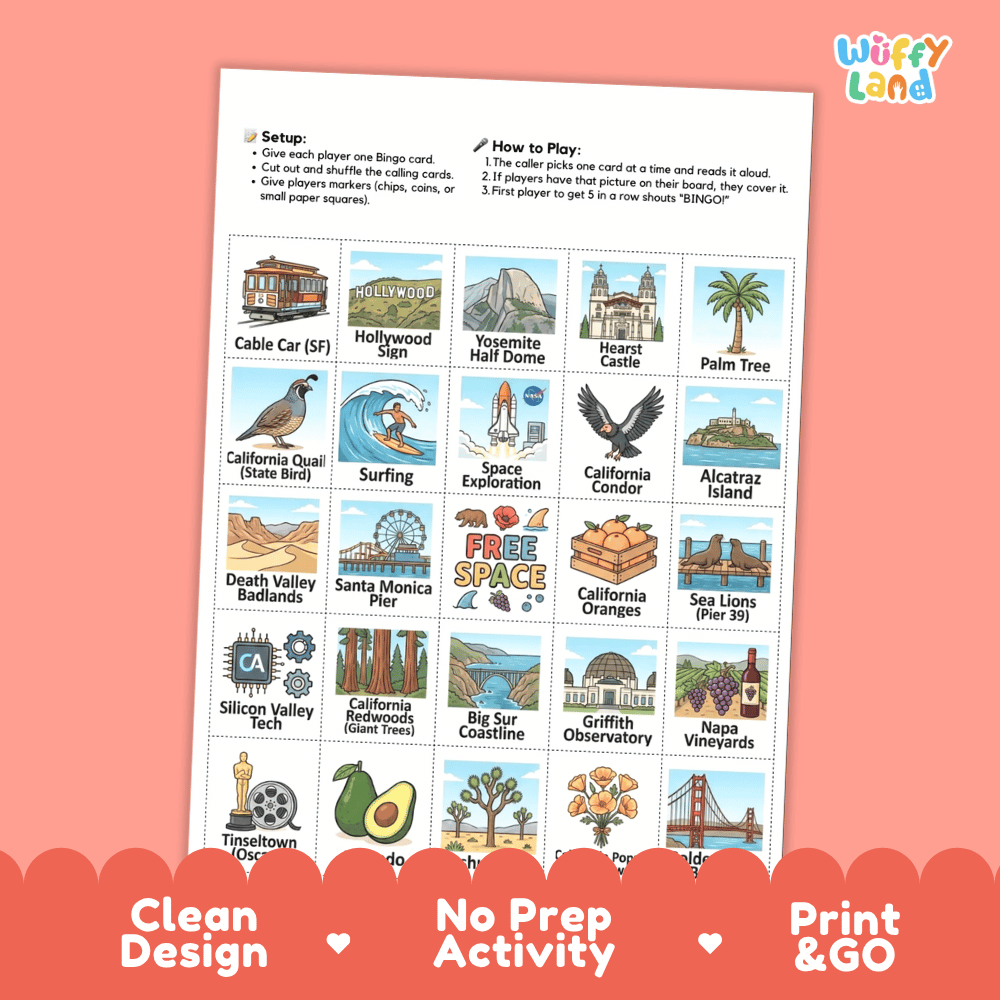 California Geography BINGO Game Golden State Activity Printable Boards