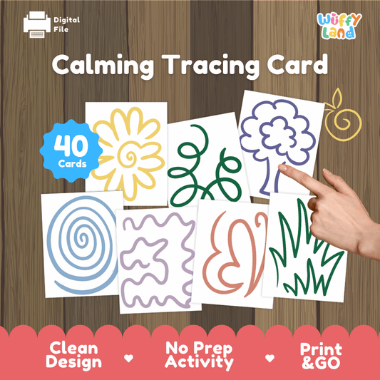 Calming tracing card printable mindfulness and sensory fine motor activity pack overview from Wuffy Land featuring 40 cards 🧘‍♀️🌿