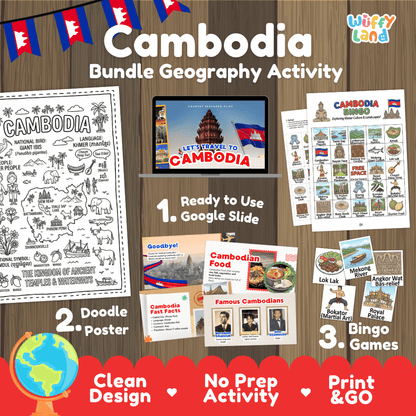 Cambodia country study geography bundle featuring Google Slides presentation, doodle coloring poster, and cultural bingo game