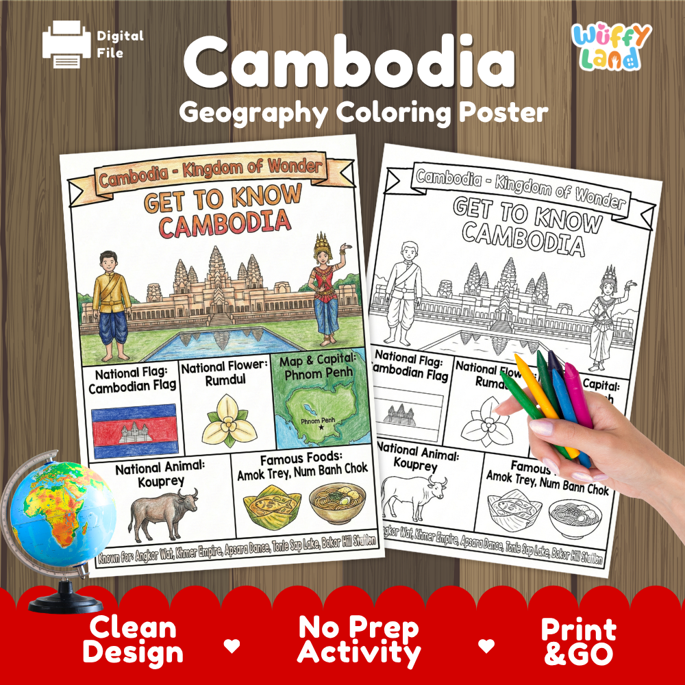 Get to know Cambodia coloring poster paired with photo flashcards of Royal Palace Phnom Penh, Fish Amok, and Apsara dance