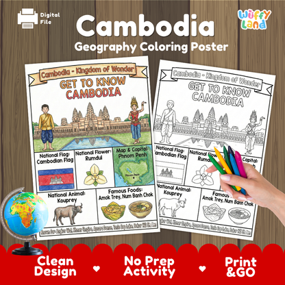 Get to know Cambodia coloring poster paired with photo flashcards of Royal Palace Phnom Penh, Fish Amok, and Apsara dance