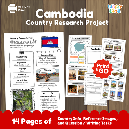 Student country research worksheet on Cambodia featuring national flag, Phnom Penh capital city facts, climate, and geography map