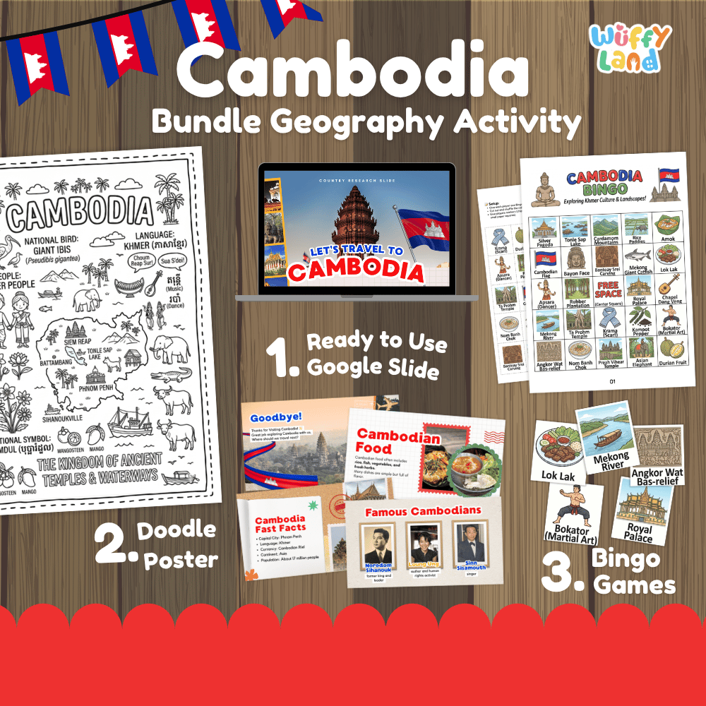 Ready to use Google Slides presentation covering Cambodia fast facts, famous people, Angkor Wat, and traditional food