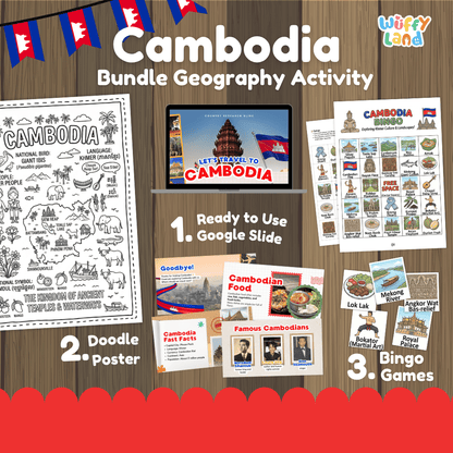 Ready to use Google Slides presentation covering Cambodia fast facts, famous people, Angkor Wat, and traditional food