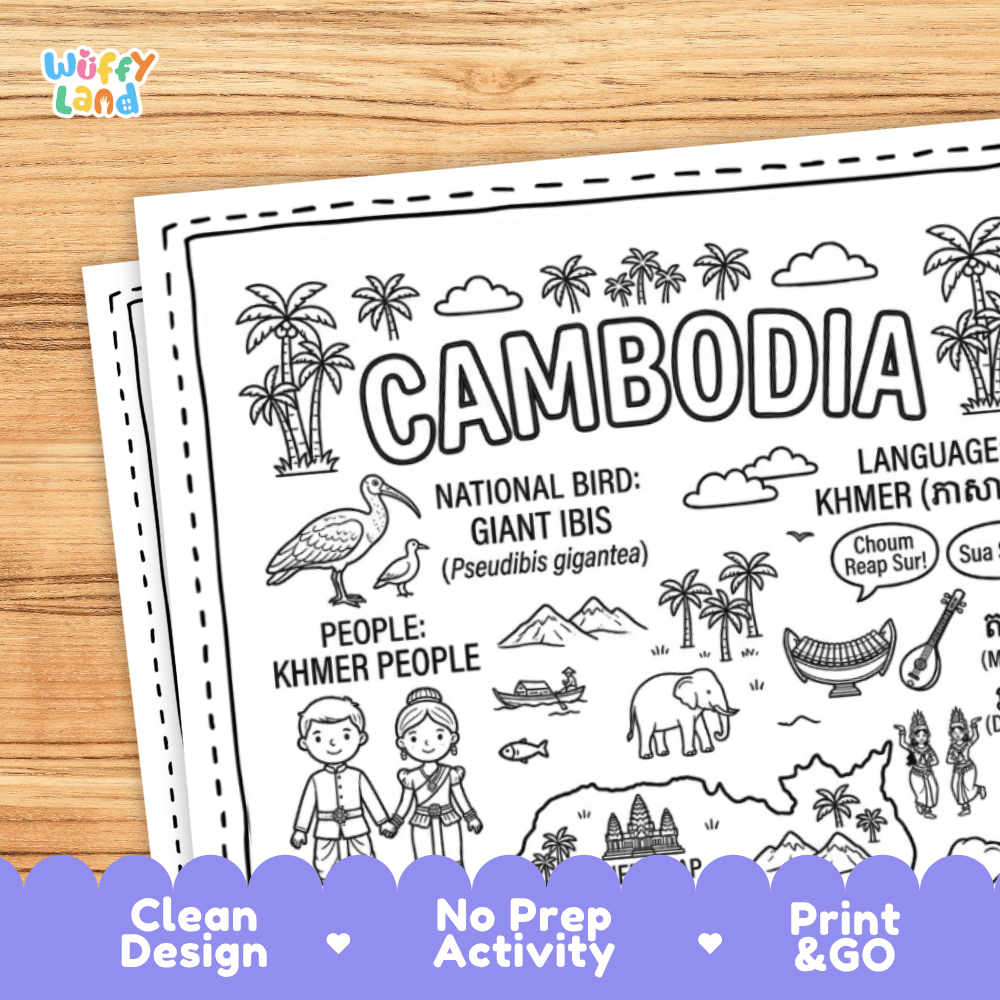 Cultural coloring page featuring traditional Khmer attire, Apsara dance, roneat music, and Choum Reap Sur greeting speech bubbles