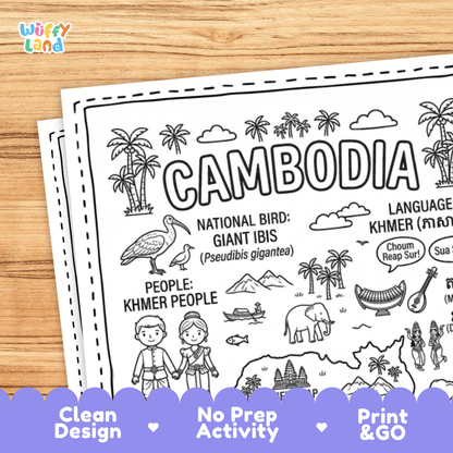 Cultural coloring page featuring traditional Khmer attire, Apsara dance, roneat music, and Choum Reap Sur greeting speech bubbles