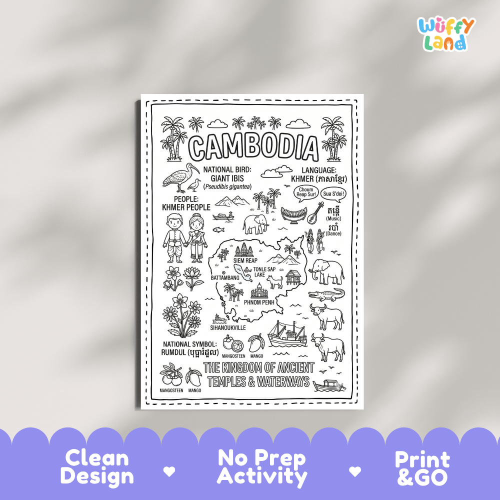 Educational activity coloring page highlighting Cambodia's national bird Giant Ibis, Rumdul flower, Asian elephant, and mangosteen
