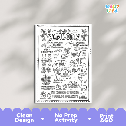 Educational activity coloring page highlighting Cambodia's national bird Giant Ibis, Rumdul flower, Asian elephant, and mangosteen