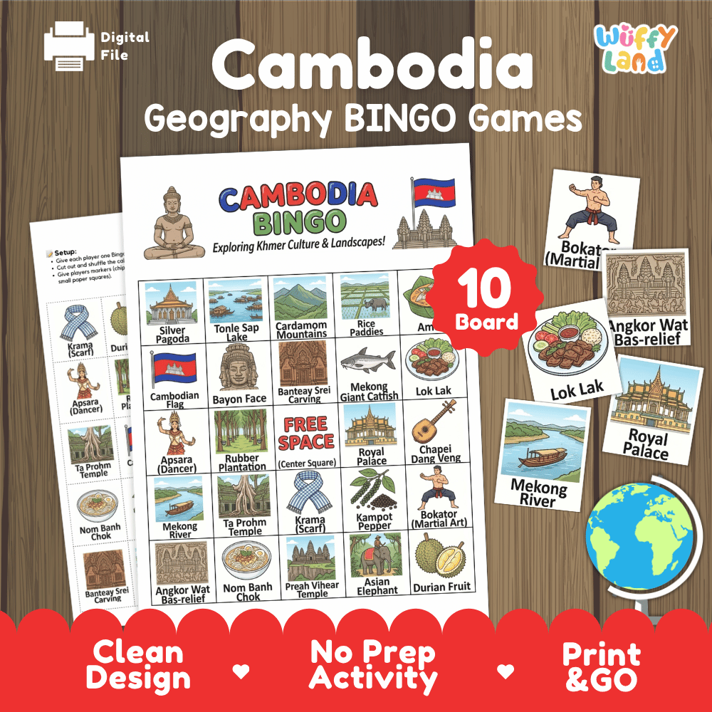 Cambodia educational bingo game worksheet featuring Angkor Wat bas-reliefs, Apsara dancers, Bokator, Lok Lak, and Krama scarf
